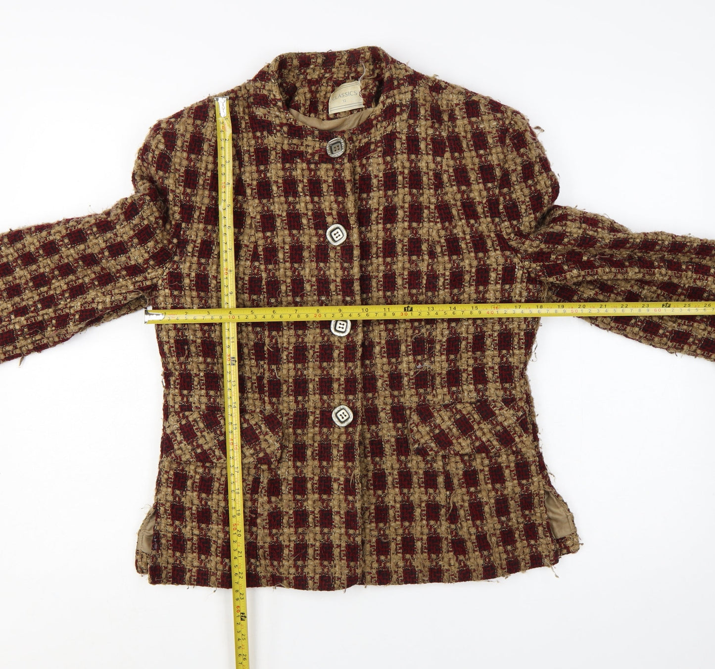 Classics Women's Beige Red Checked Wool Blend Tweed Suit Jacket Size 12