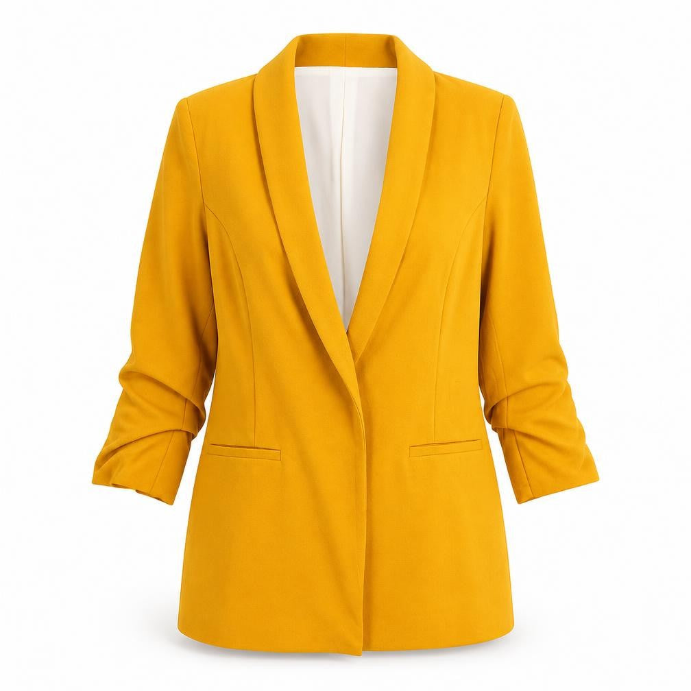 Front view of Fashion Nova Women Mustard Yellow Blazer Jacket Medium Shawl Collar
