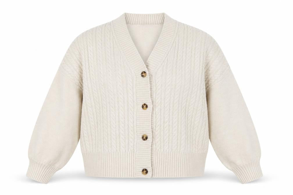 Front view of French Connection Women's Beige Cable Knit Cardigan L