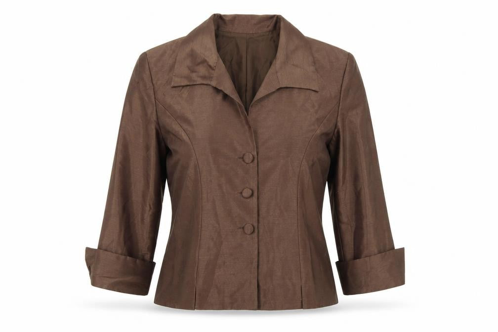 Front view of Jessica Howard Petite Brown 3/4 Sleeve Suit Jacket, size 10