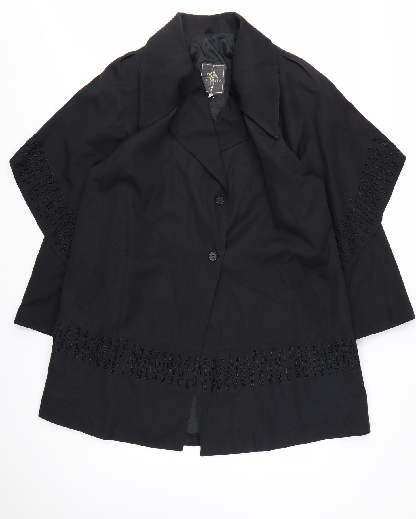 Siren Women’s Black Embroidered Mid-Length Overcoat Size S