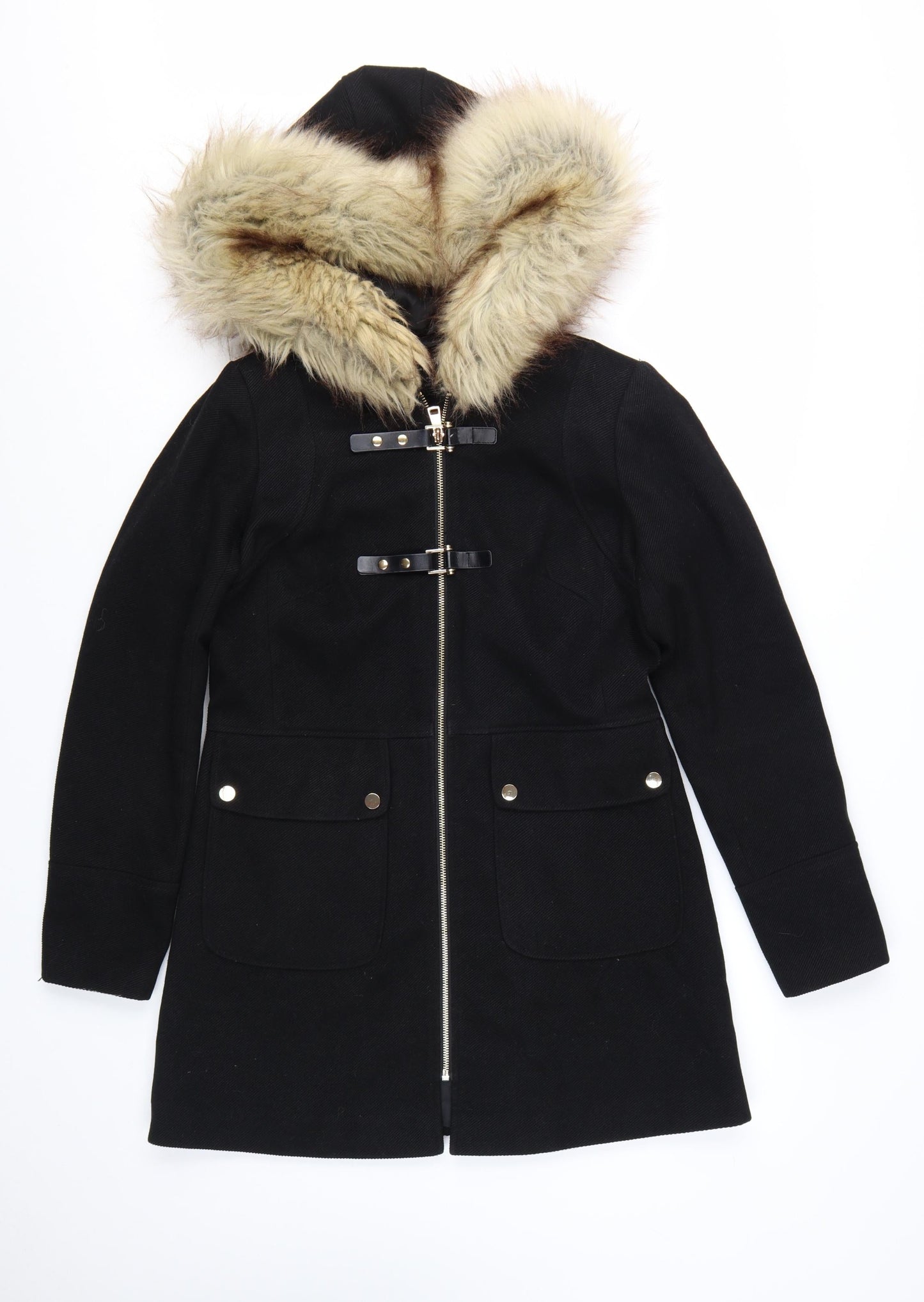 Miss Selfridge Women Black Faux Fur Hooded Mid-Length Coat UK 8