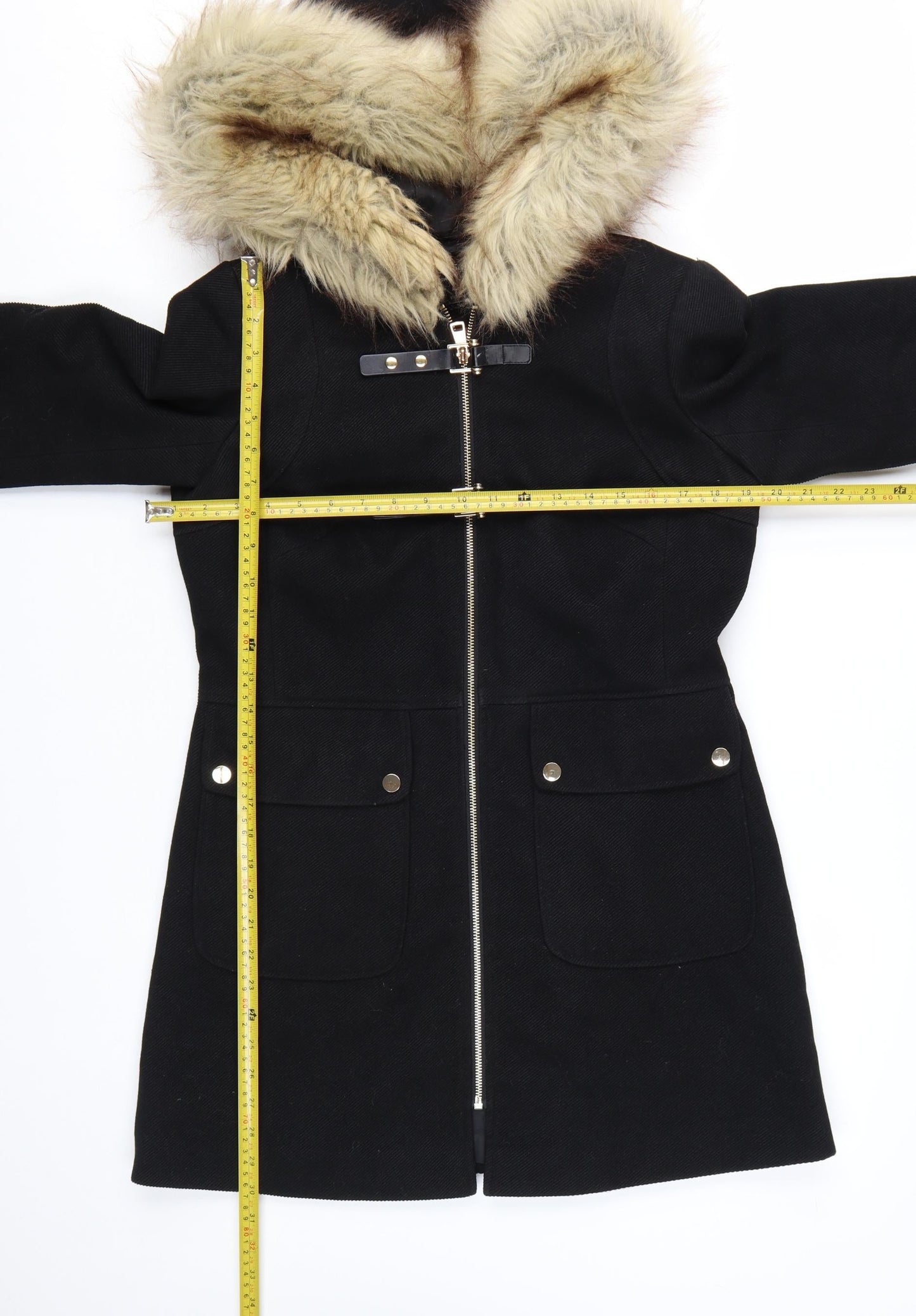 Miss Selfridge Women Black Faux Fur Hooded Mid-Length Coat UK 8