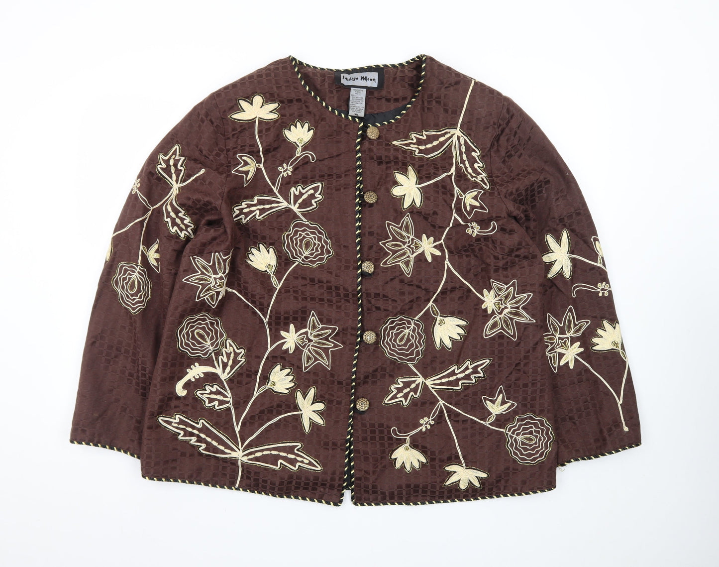 Indigo Moon Brown Floral Embroidered Jacket Women XL Lined Bohemian Style