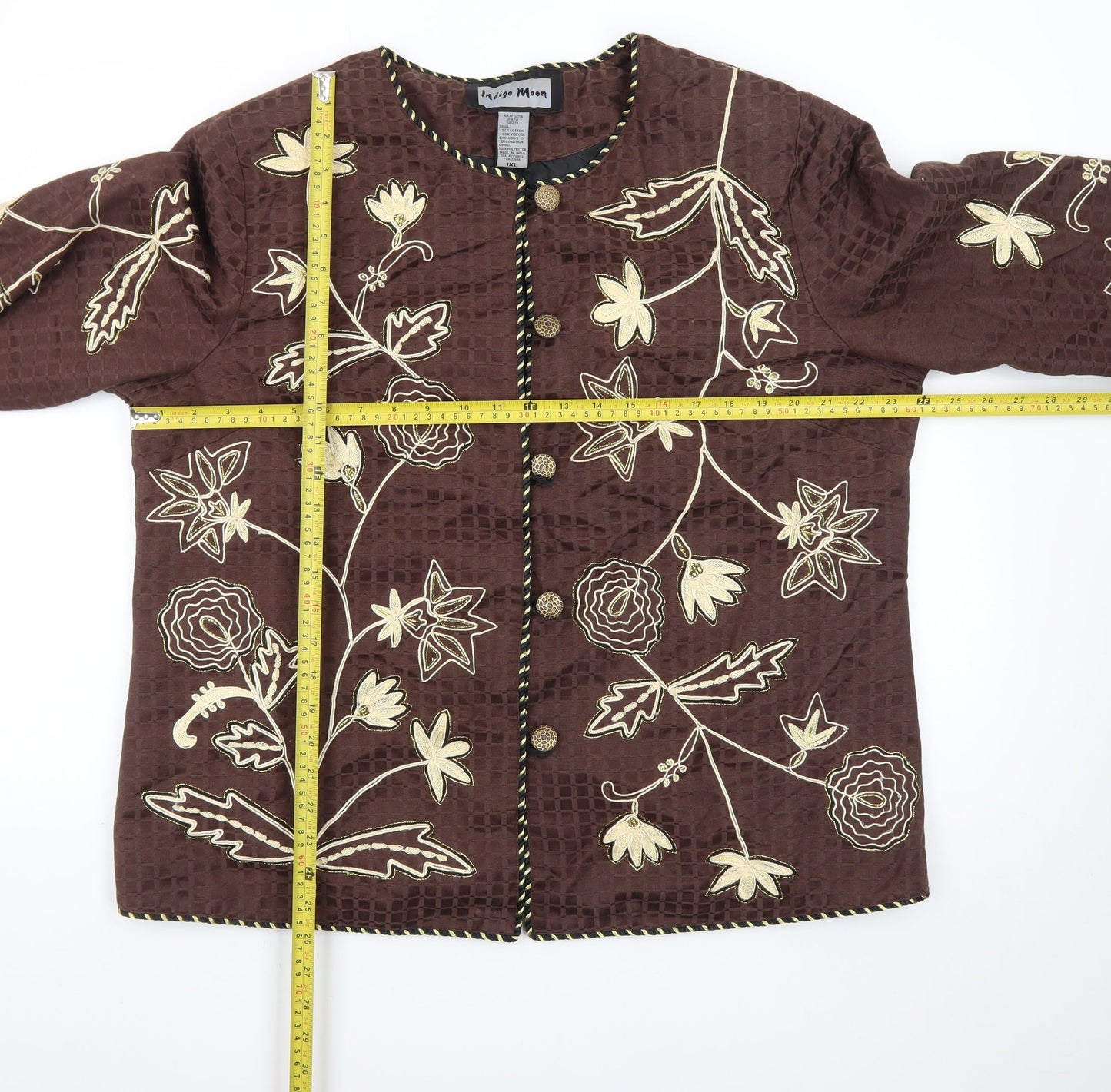 Indigo Moon Brown Floral Embroidered Jacket Women XL Lined Bohemian Style