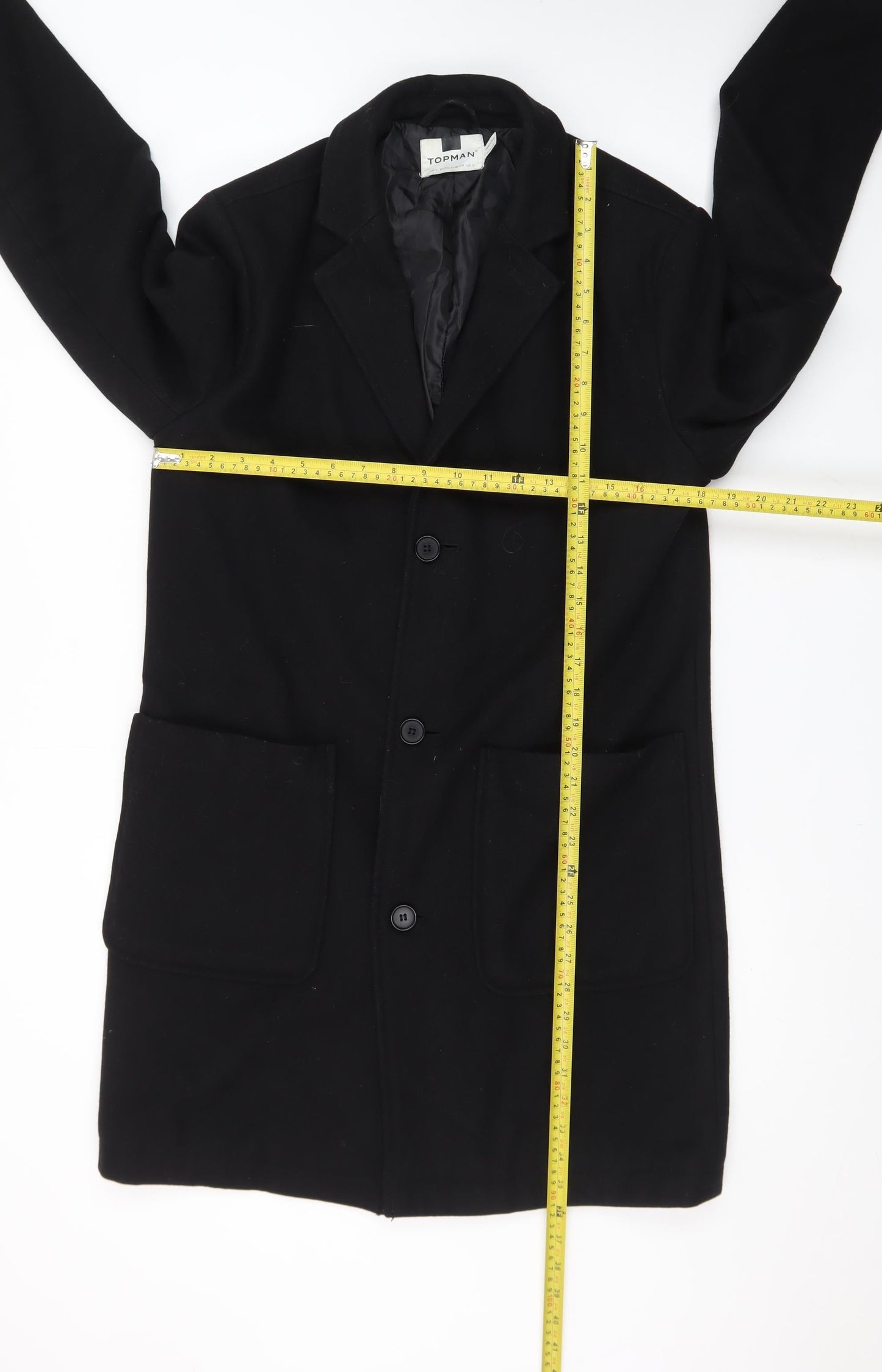 Topman Men's Black Wool Blend Mid-Length Overcoat Size S