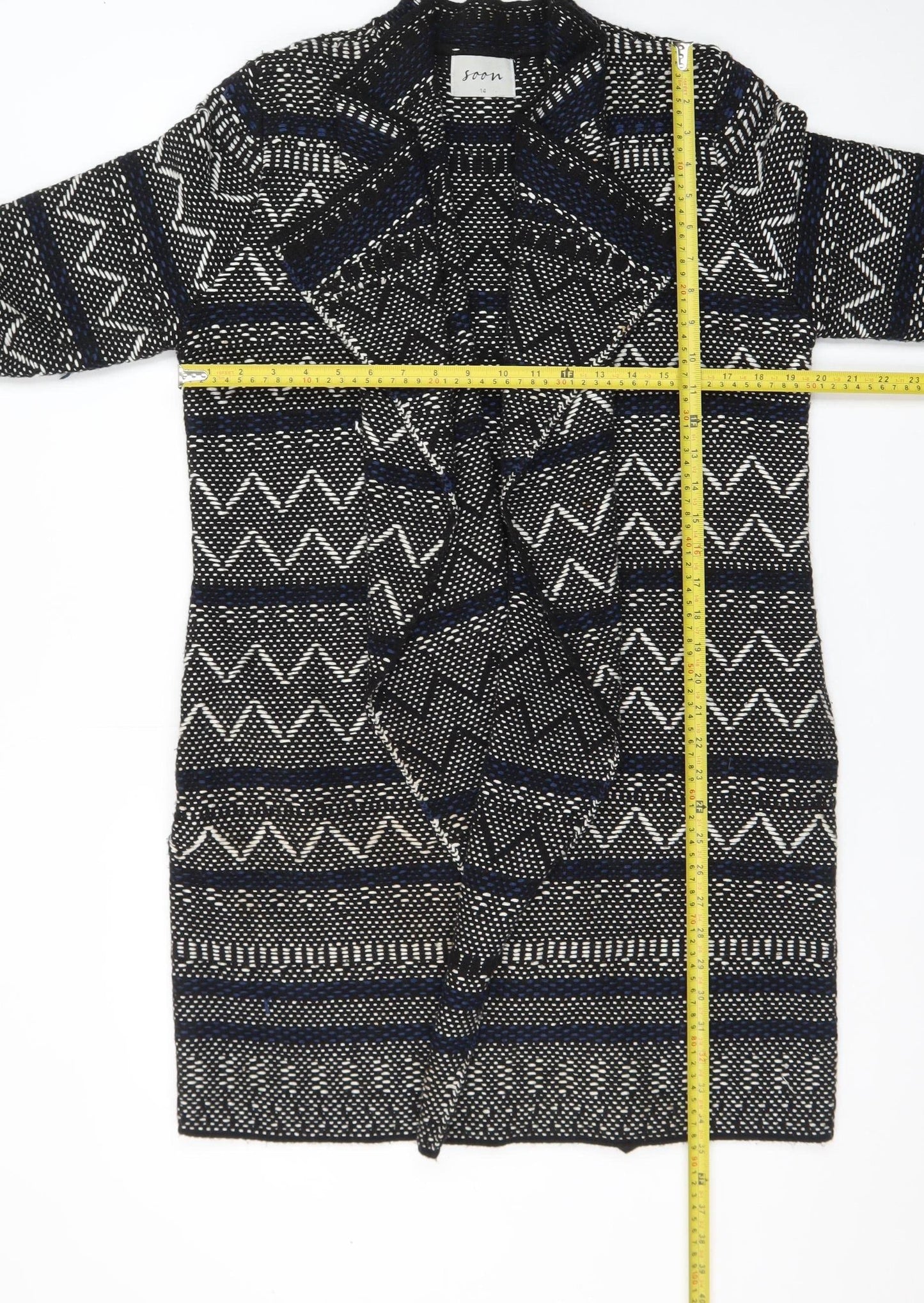 Soon Womens Black Geometric Knit Open Cardigan Size 14