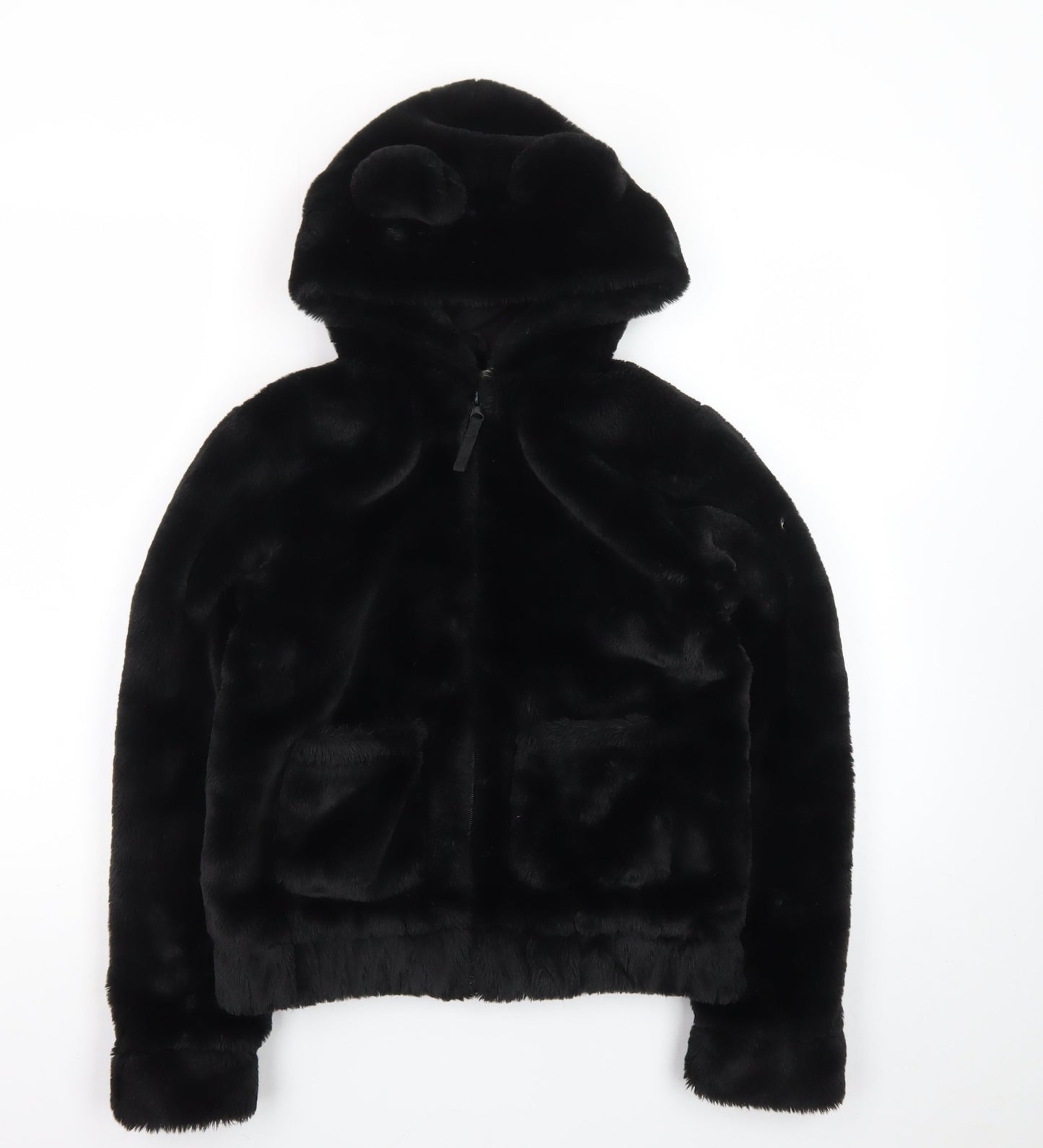 H&M Girls Black Faux Fur Full Zip Hooded Bear Ears Hoodie 10-12 Years