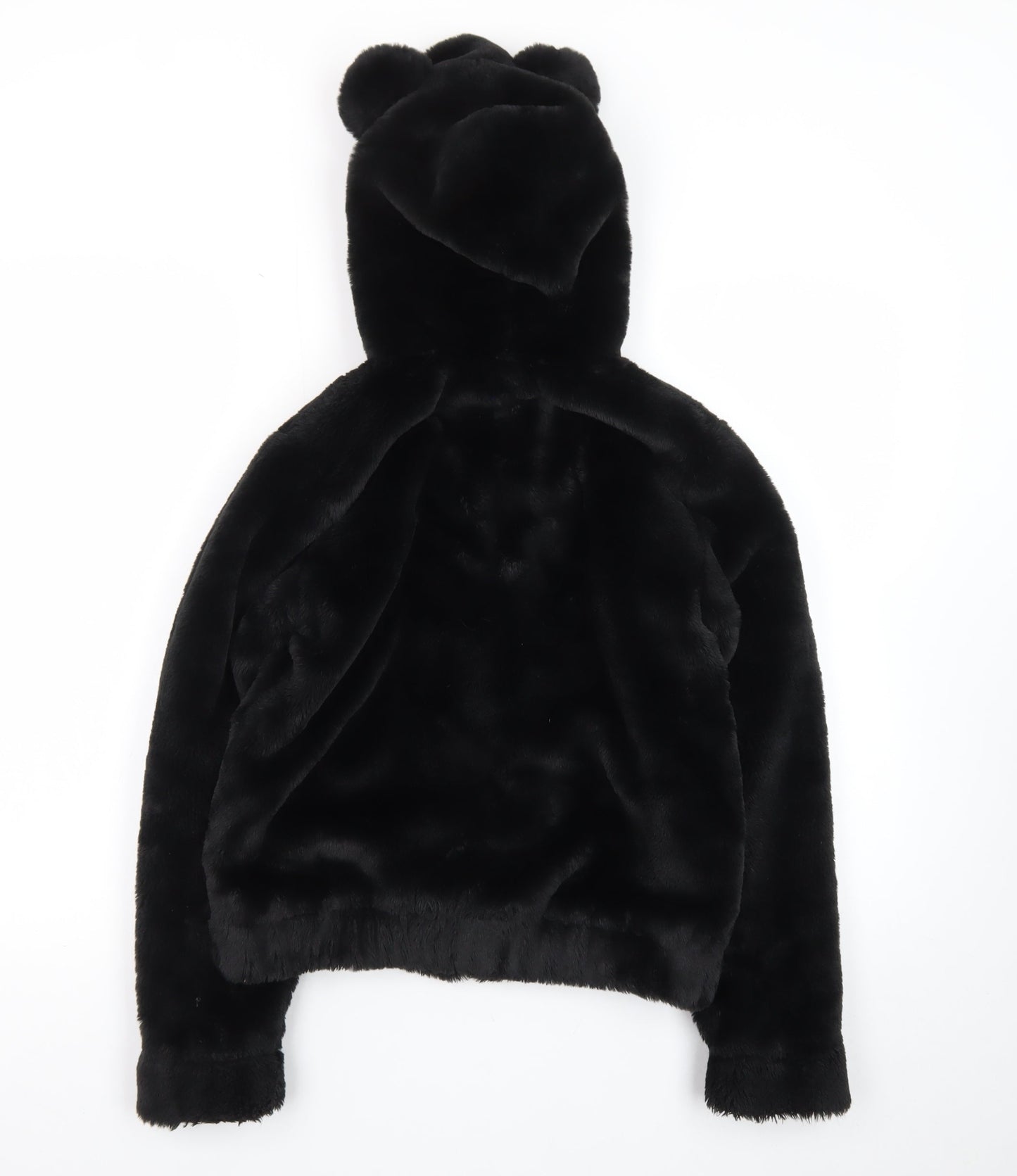 H&M Girls Black Faux Fur Full Zip Hooded Bear Ears Hoodie 10-12 Years