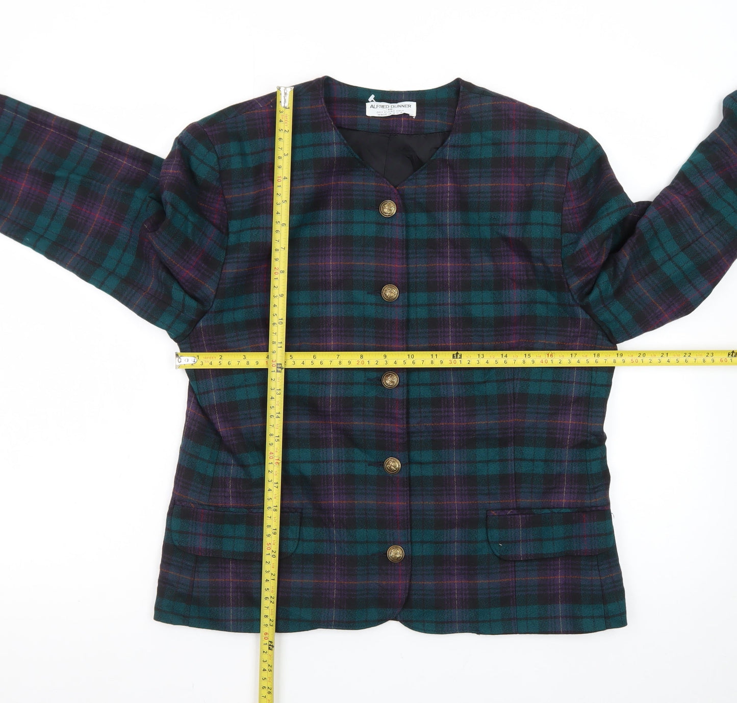 Alfred Dunner Women's Green Purple Plaid Wool Blend Blazer Size 10