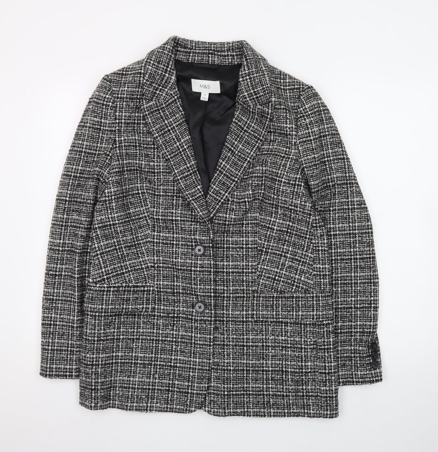 Marks and Spencer Women Black Check Blazer Size 10 Classic Wool Blend