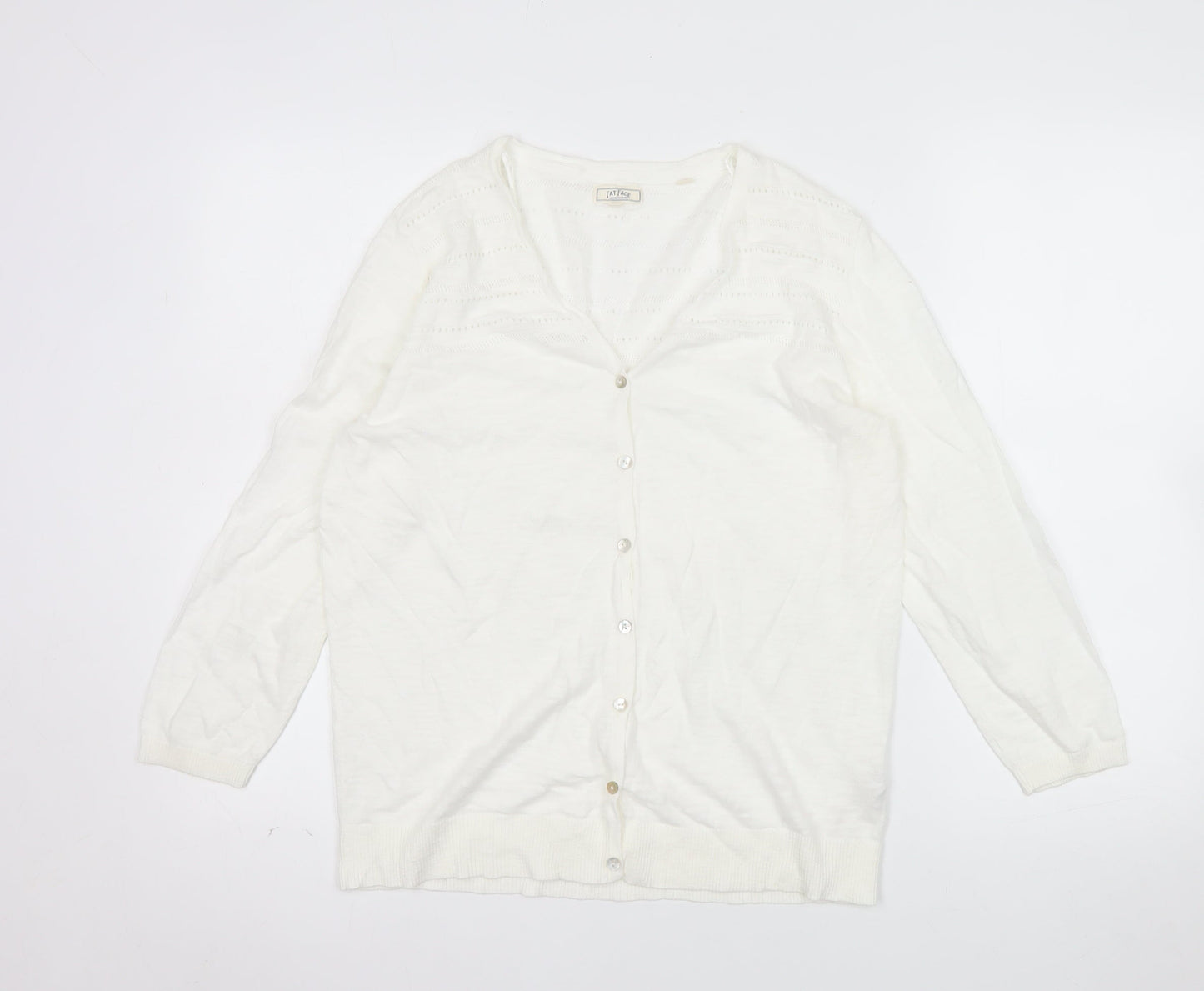 Fat Face Women White Cotton V-Neck Button Cardigan Size 12