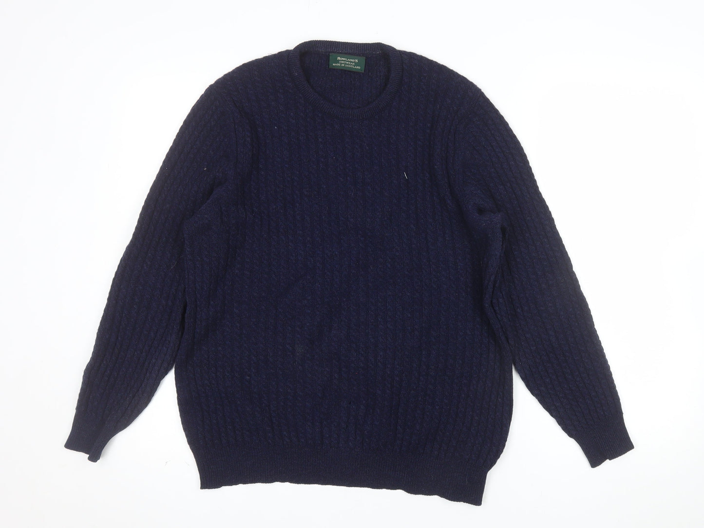 Rowland's Knitwear Men's Blue Wool Cable-Knit Jumper Medium