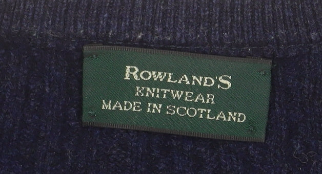 Rowland's Knitwear Men's Blue Wool Cable-Knit Jumper Medium