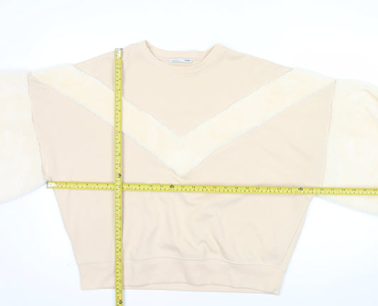 ZARA Women Beige Faux Fur Sleeve Pullover Sweatshirt Size S