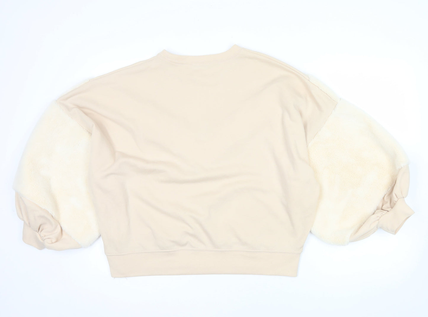 ZARA Women Beige Faux Fur Sleeve Pullover Sweatshirt Size S