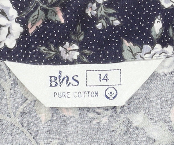 BHS Women’s Blue Floral 100% Cotton Short Sleeve Button-Up Shirt Size 14