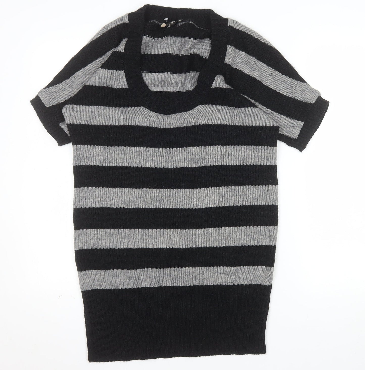 Topshop Women Black Grey Striped Knit Short Sleeve Pullover Jumper Size 12