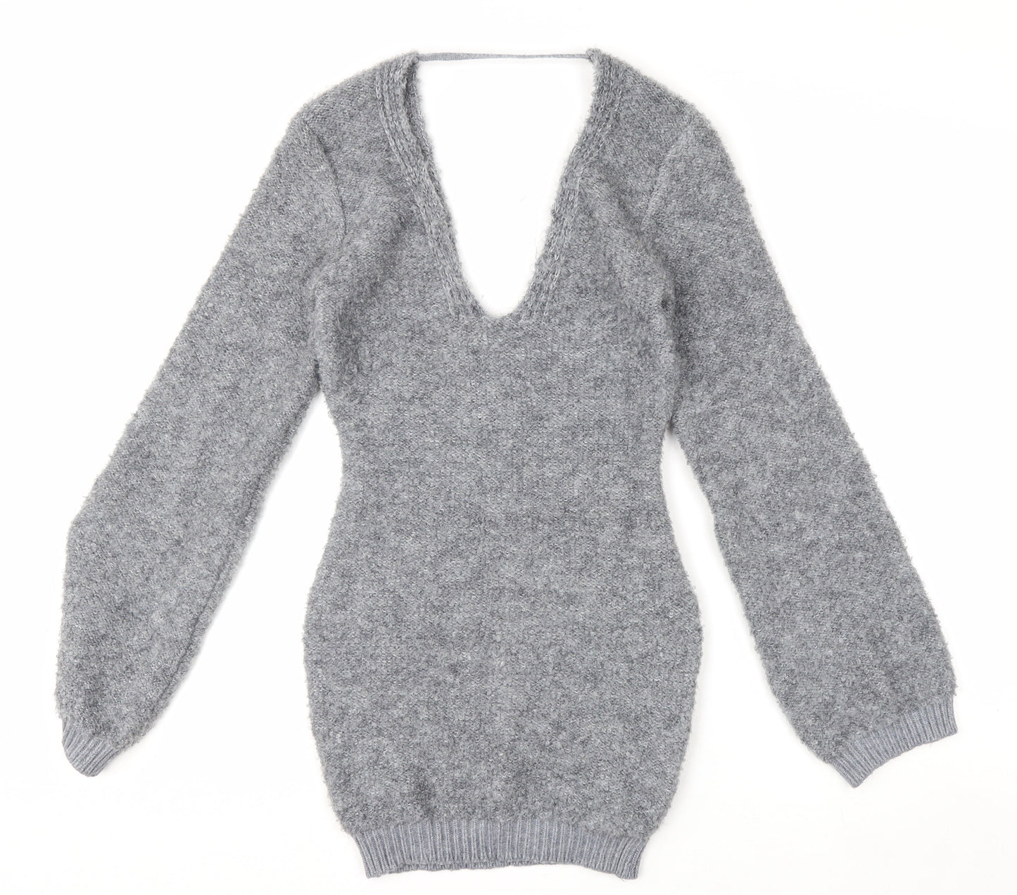 Pretty Little Thing Women's Grey V-Neck Chunky Knit Jumper Size S