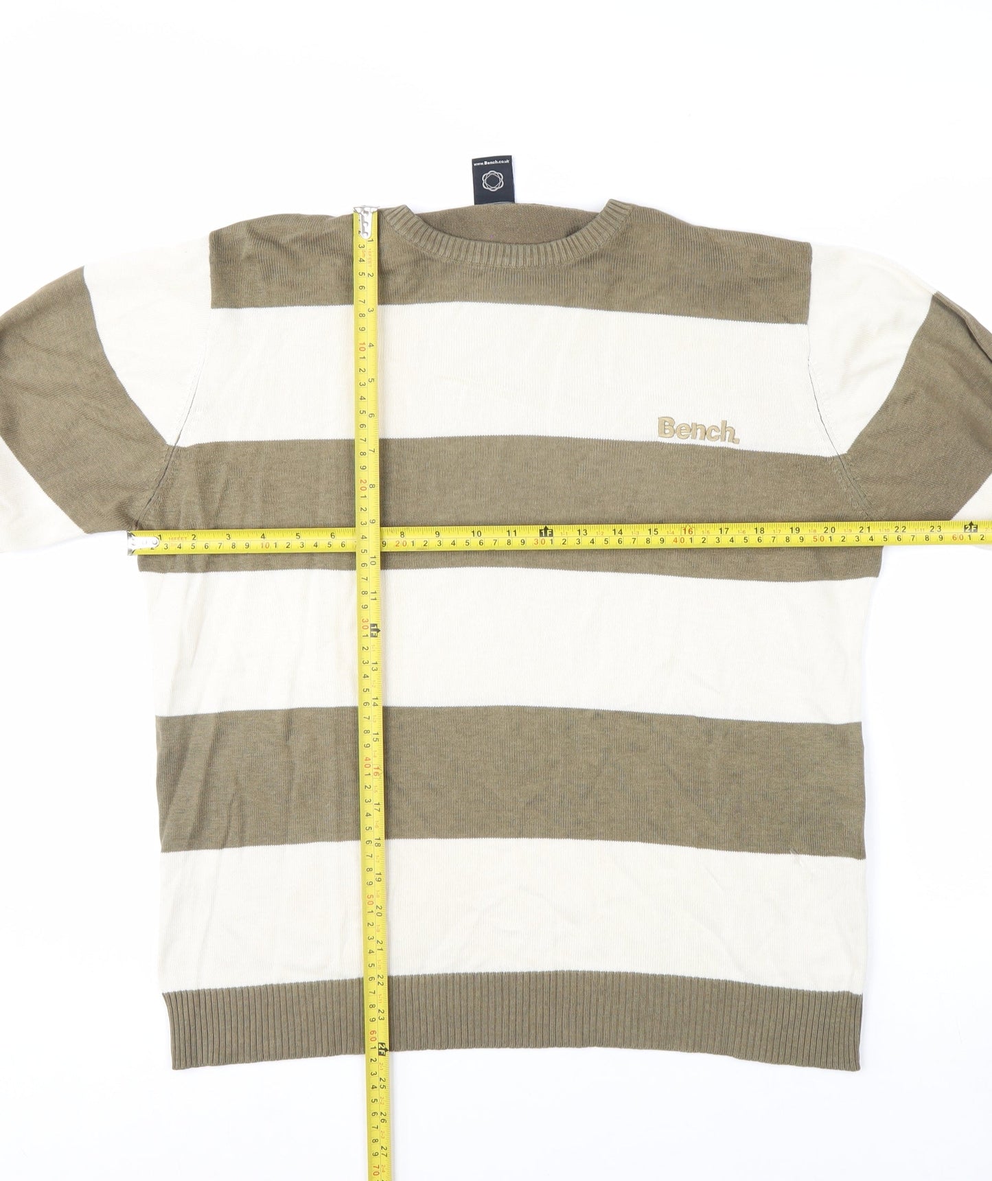 Bench Men's Beige Striped Crew Neck Cotton Acrylic Jumper Size M