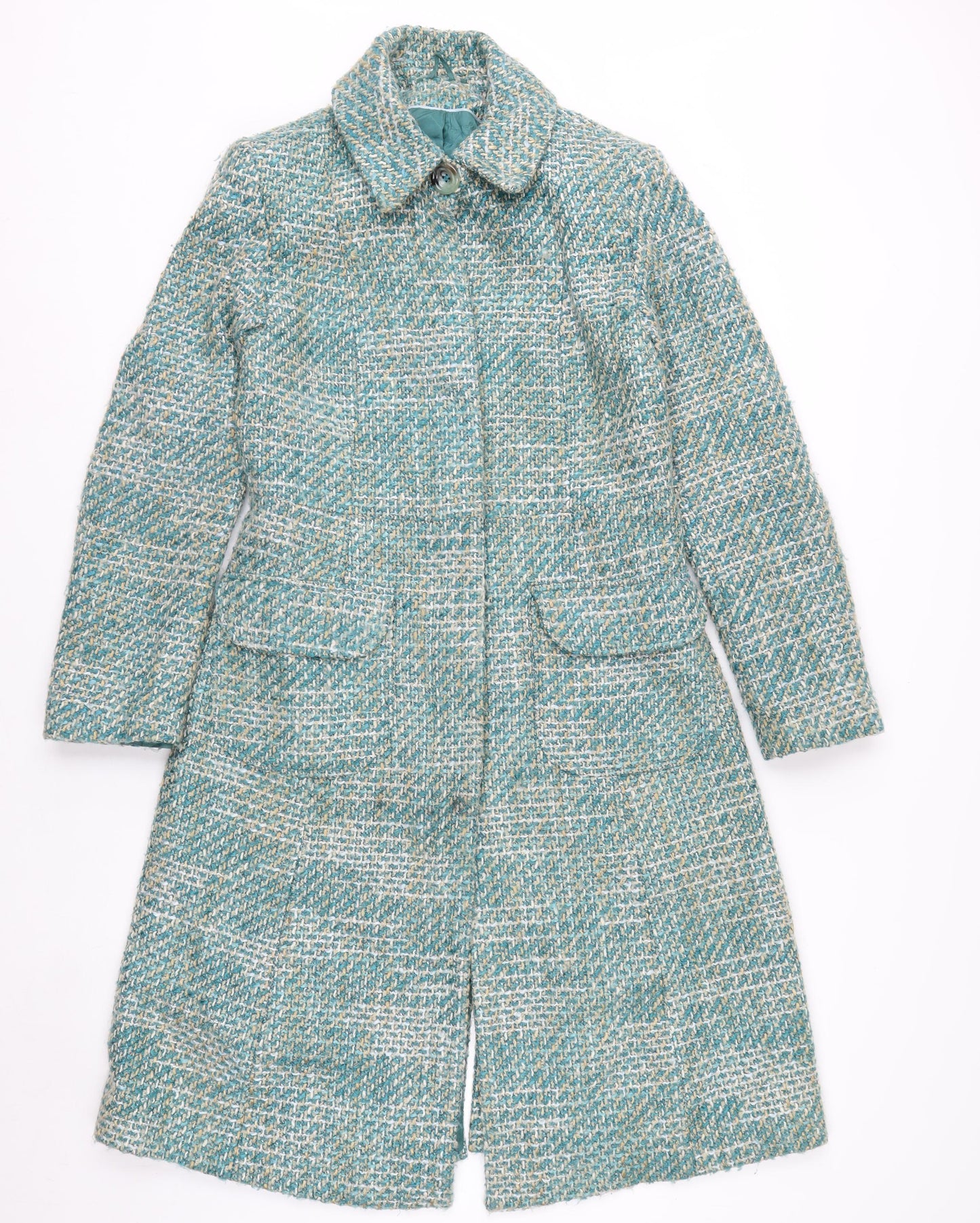 Next Women's Green Tweed Long Overcoat Size 10 Buttoned Wool Blend