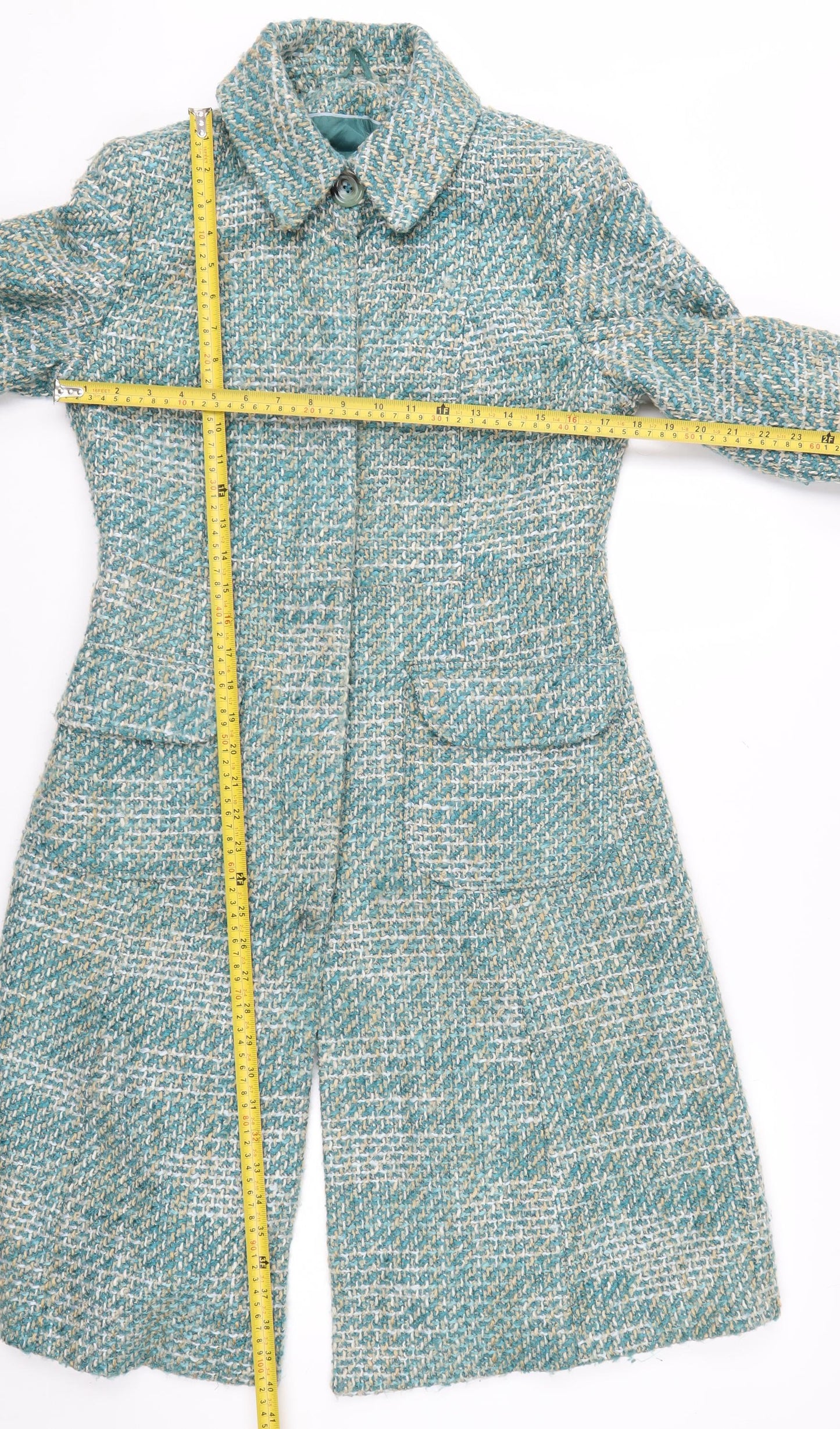 Next Women's Green Tweed Long Overcoat Size 10 Buttoned Wool Blend