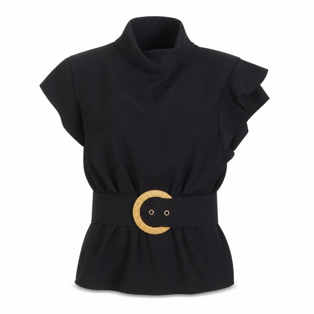 PRETTYLITTLETHING Women's Black Belted High Neck Blouse Size 6