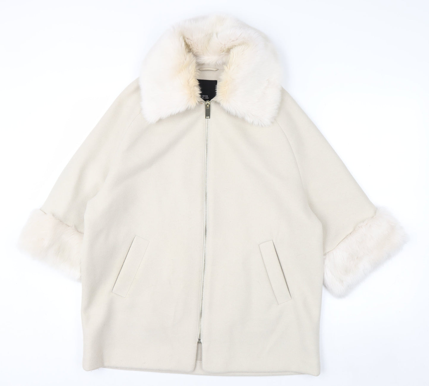 River Island Women Ivory Faux Fur Trim Mid-Length Coat Size 8