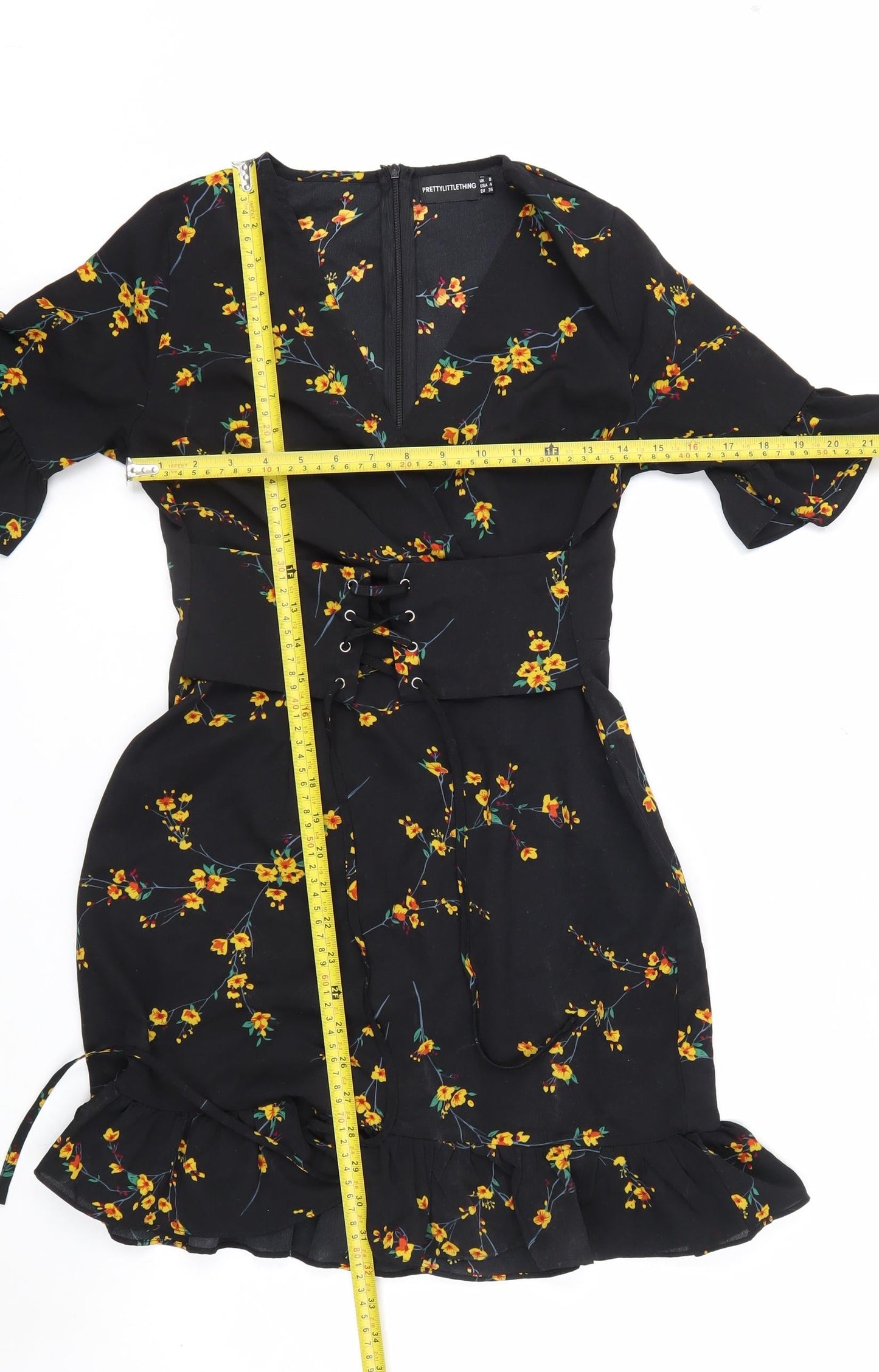 PrettyLittleThing Women's Black Floral Wrap Dress Size 8