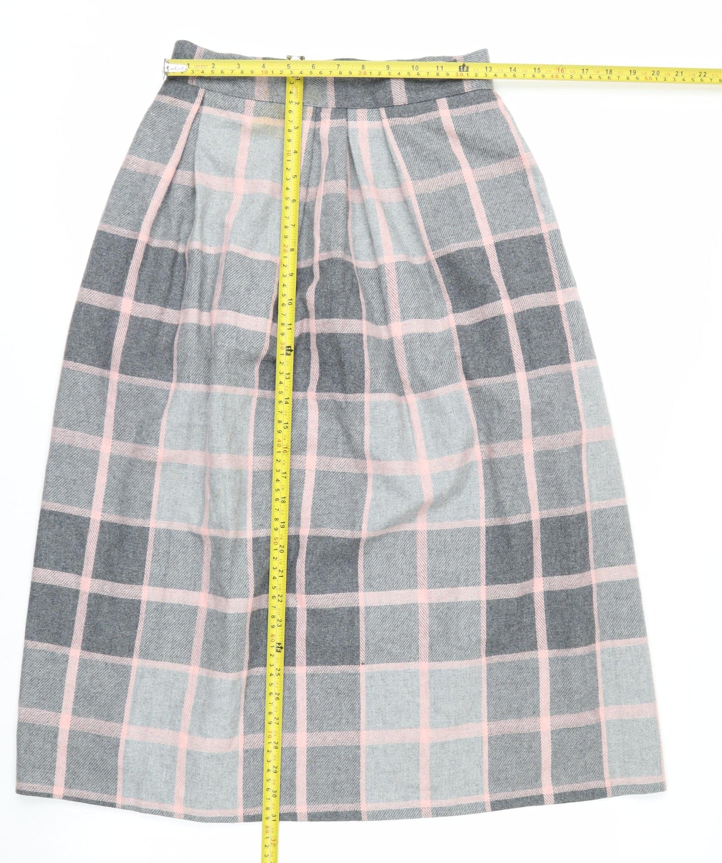 Quail Crossing Women's Grey Pink Check Wool Blend Midi A-Line Skirt Size 12