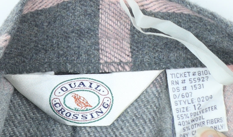 Quail Crossing Women's Grey Pink Check Wool Blend Midi A-Line Skirt Size 12