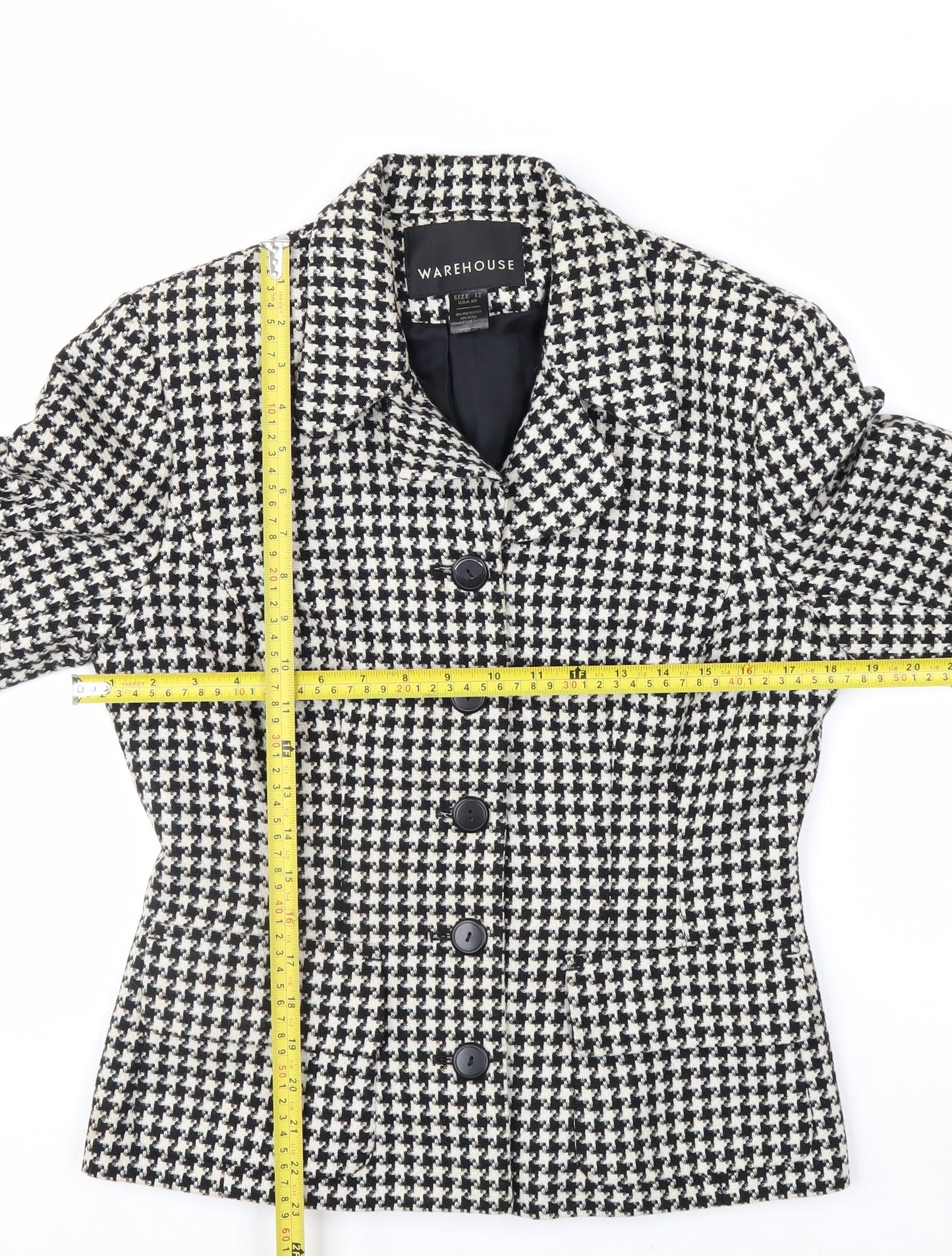 Warehouse Women's Black Houndstooth Wool Blend Suit Jacket Size 12