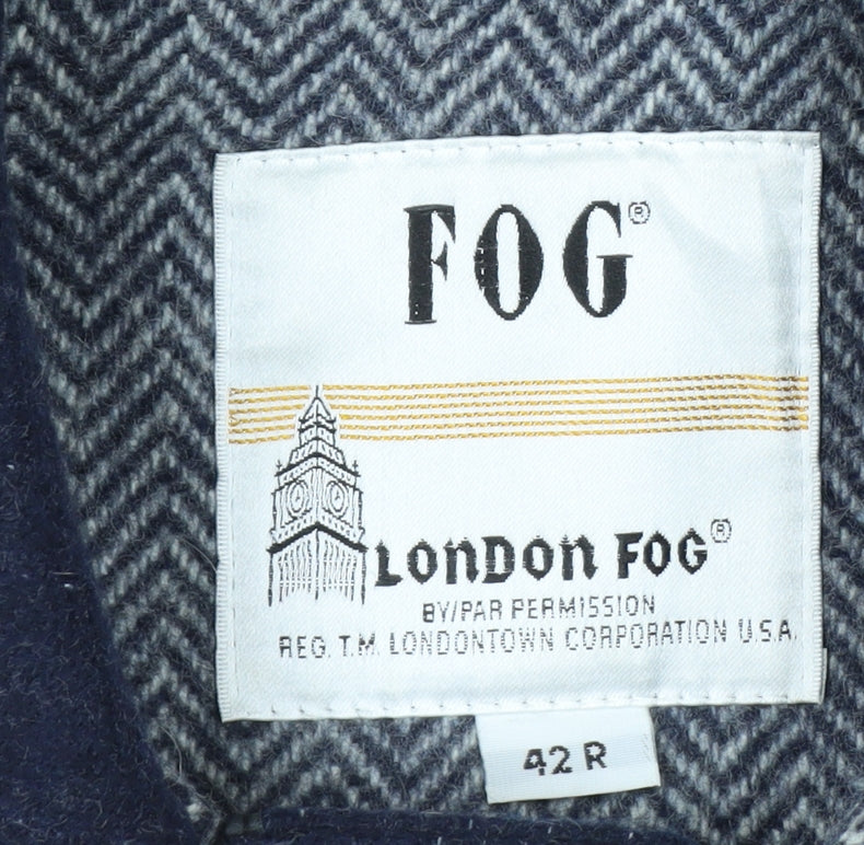 London Fog Men’s Blue Wool Duffle Coat 42R Hooded Classic Mid-Length