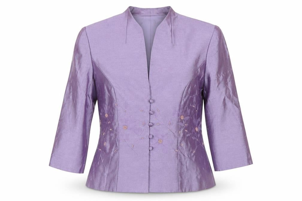 Front view of Jessica Howard Petite Purple Floral Embroidered Suit Jacket, size 6