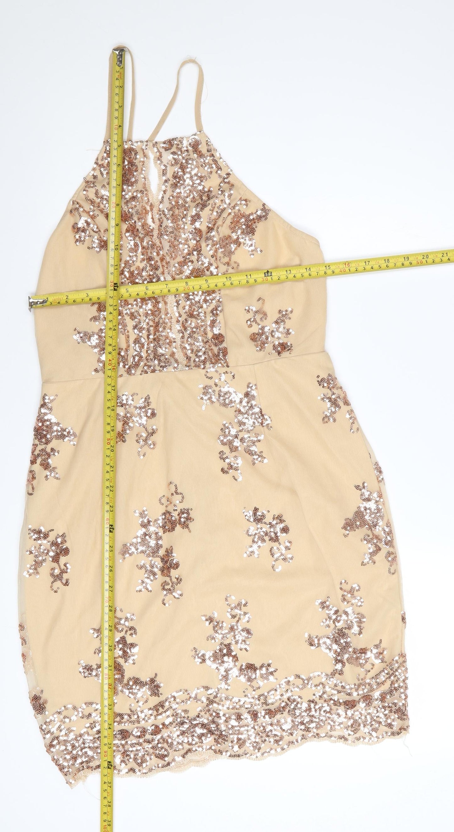 In The Style Women's Beige Sequin Halter Bodycon Dress Size 12