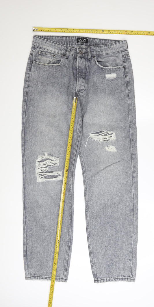 boohooMAN Men's Grey Distressed Straight Fit Jeans Size 32