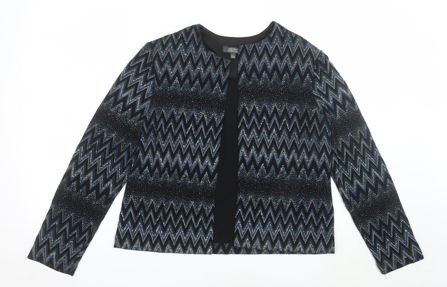 Dressbarn Women's Black Metallic Zigzag Open Front Jacket Size M