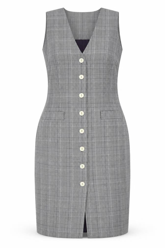 Front view of Talbots Petites Grey Check Sheath Business Dress, size 6