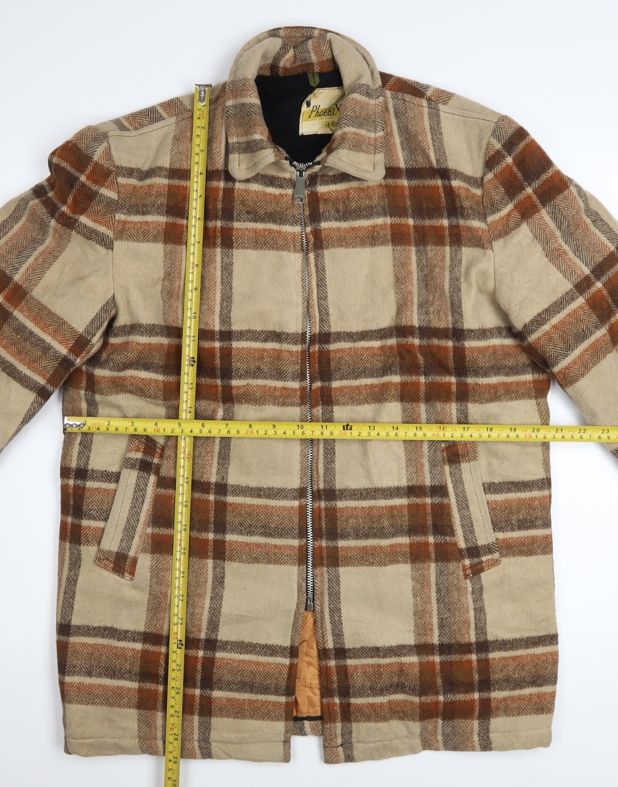Phoenix of Roselle Men’s Beige Check Wool Overcoat Size S