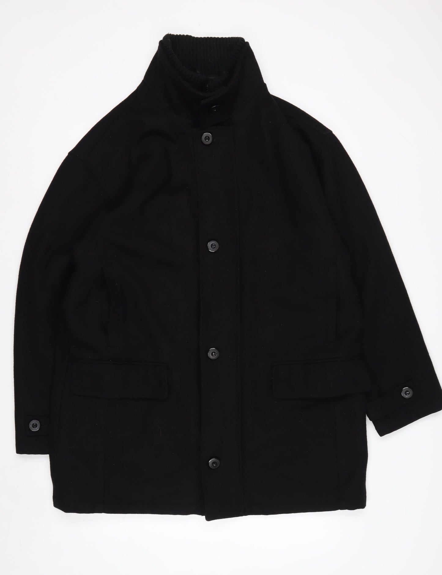 KARACOL Men's Black Wool Blend Mid-Length Overcoat XL