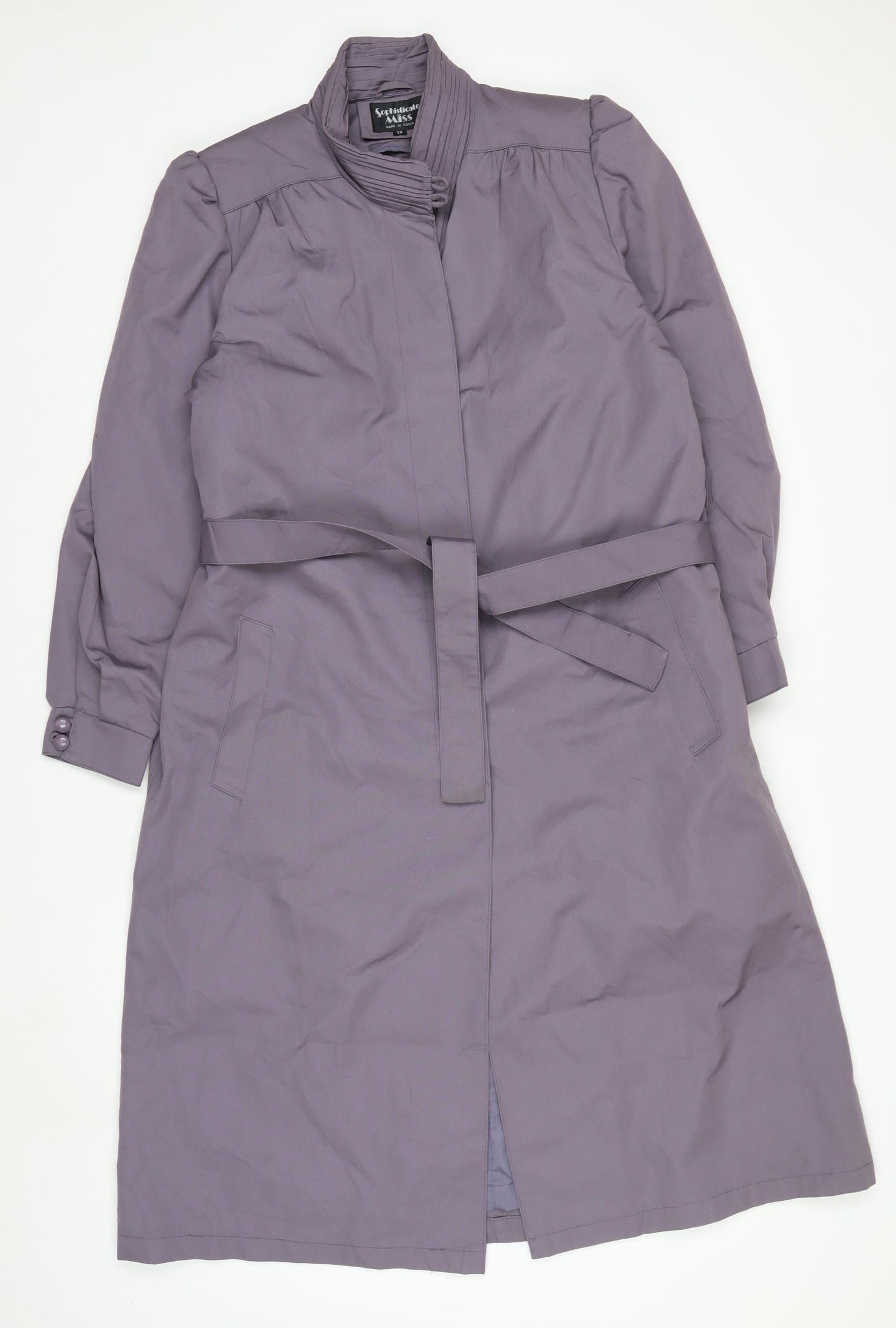 Sophisticate Miss Women’s Purple Belted Trench Coat Size 12 Long Sleeve