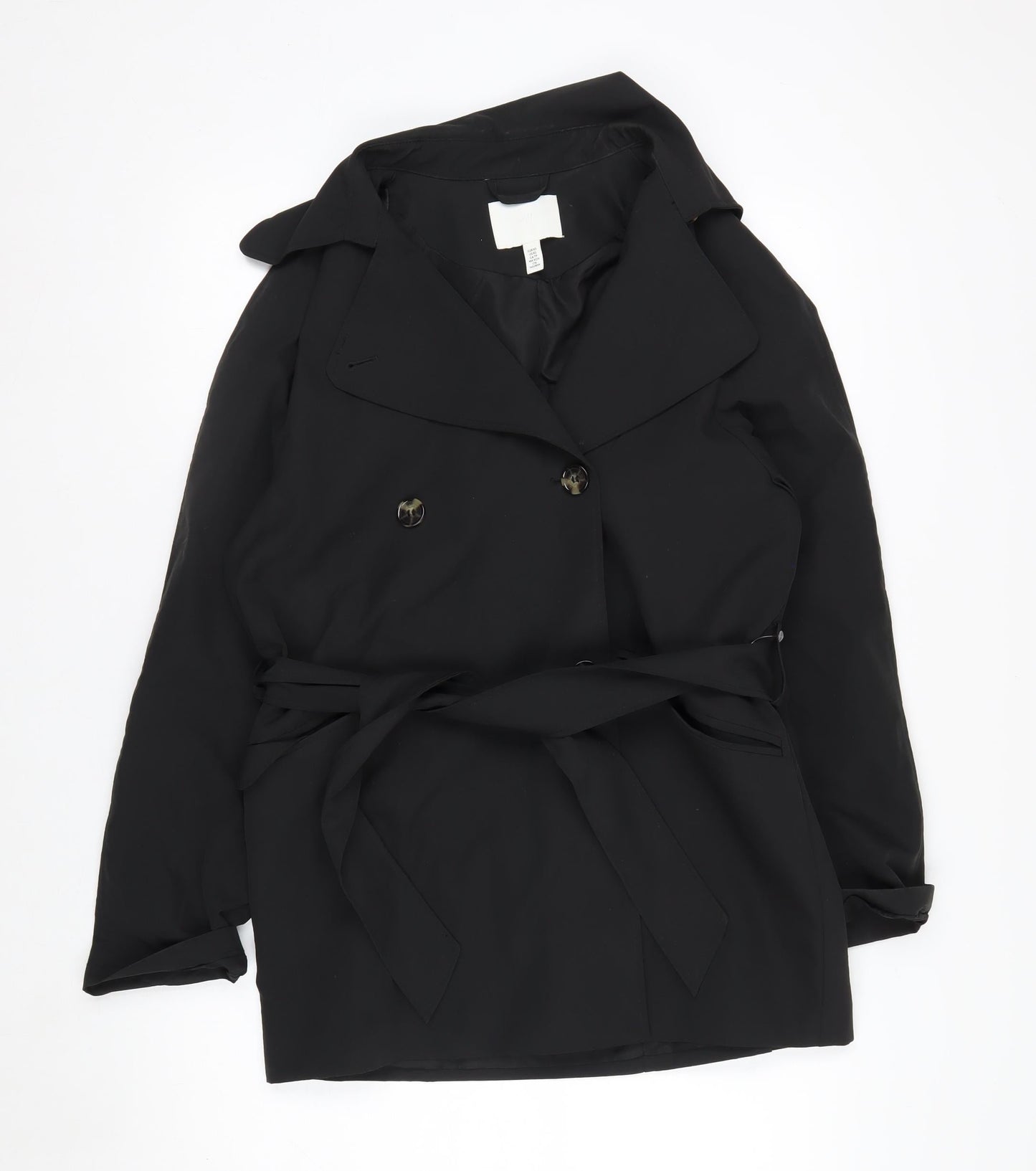 H&M Women Black XS Belted Trench Coat Polyester Classic Style