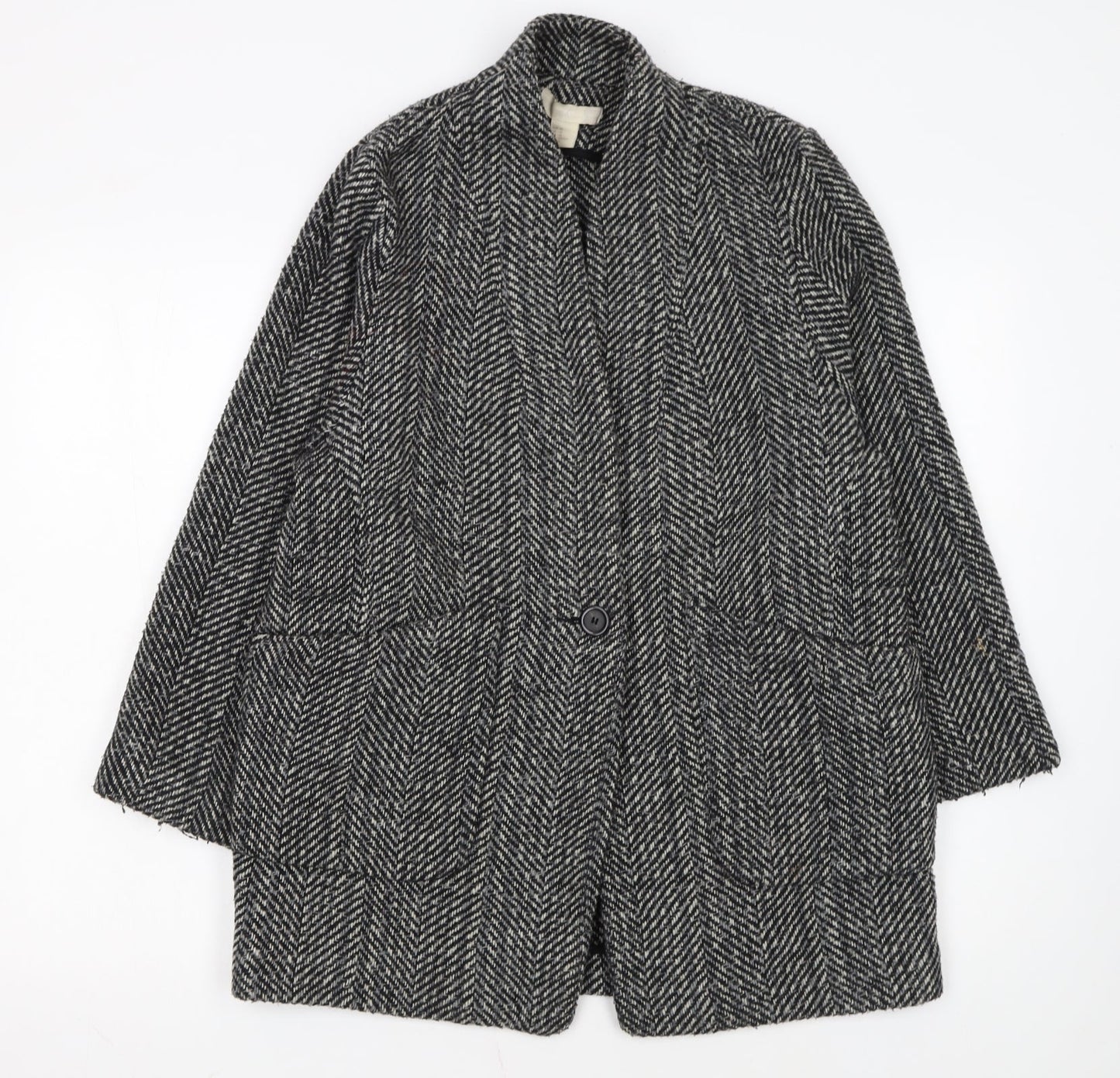 H&M Women Grey Herringbone Wool Blend Mid-Length Coat Size 12