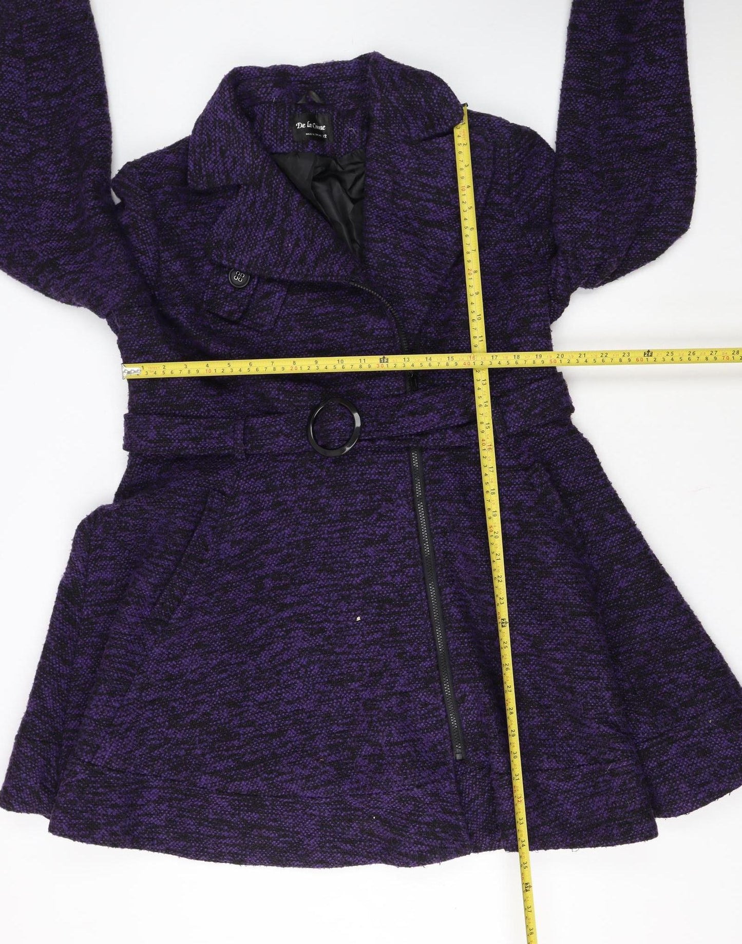 De la Crème Women's Purple Wool Blend Mid-Length Belted Coat Size 22