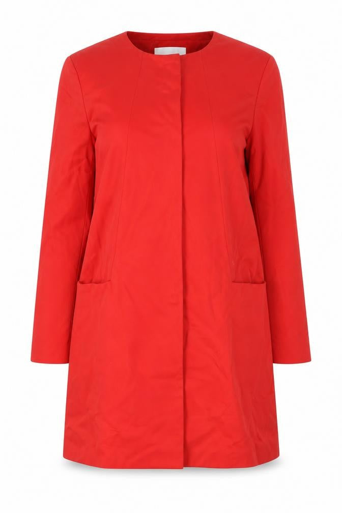Front view of L.K. Bennett Women's Red Cotton Blend Collarless Mid-Length Coat, size 14