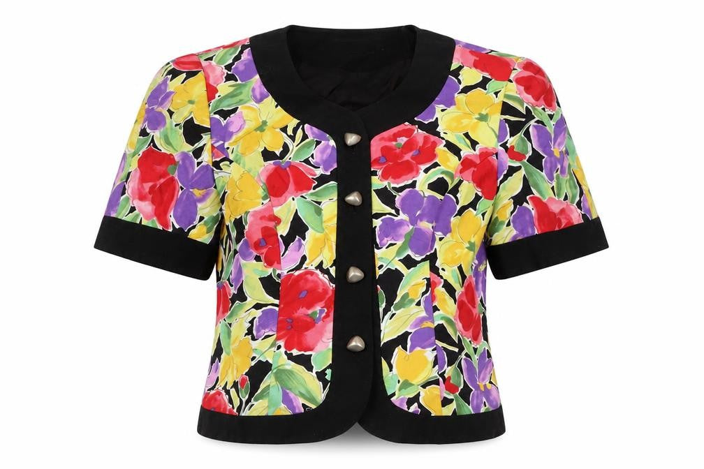 ROUIE Women's Multicoloured Floral Cropped Short Sleeve Blouse Size S