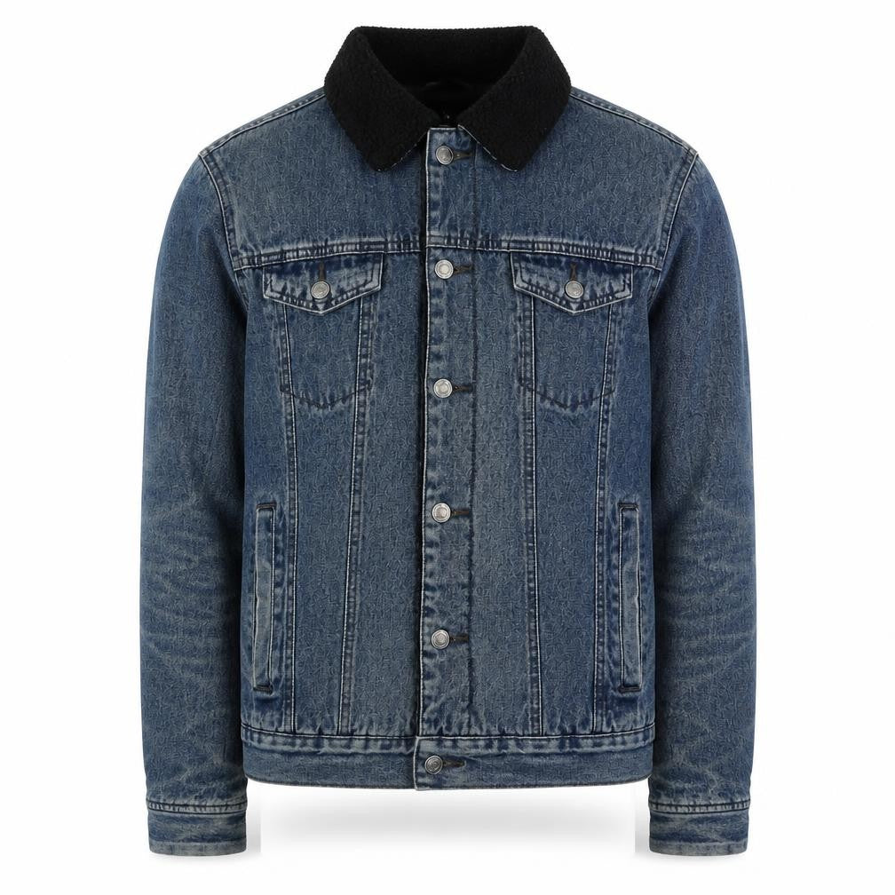 Front view of Denim Co Men's Blue Sherpa Lined Denim Jacket, size M