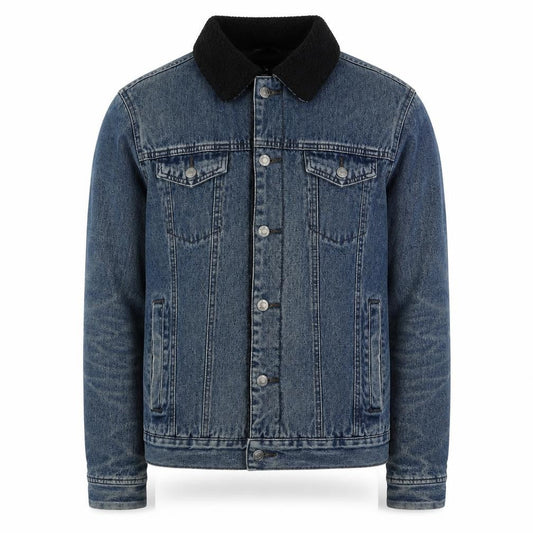 Front view of Denim Co Men's Blue Sherpa Lined Denim Jacket, size M