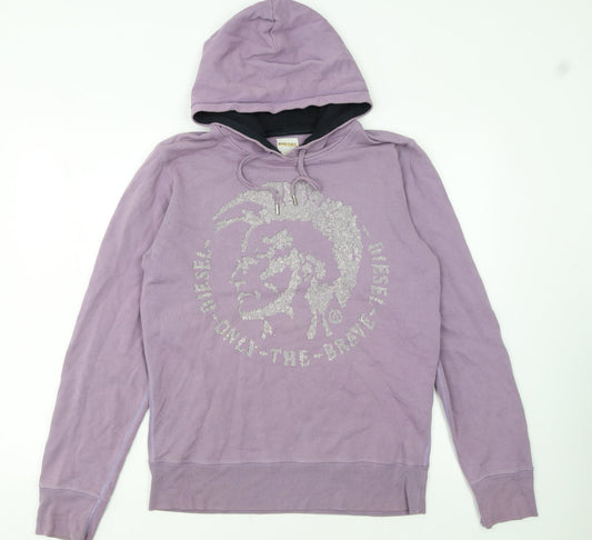 Diesel Women Purple Hooded Pullover Hoodie Medium Cotton Logo Graphic