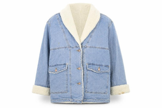 Front view of Ashley-Vintage Charm Women's Blue Denim Sherpa Lined Jacket M